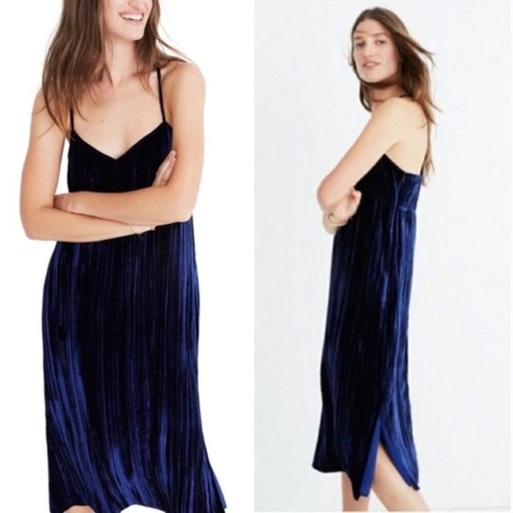 Madewell Navy Blue Crushed Velvet Slip Dress Criss Cross Back Midi Length XXS